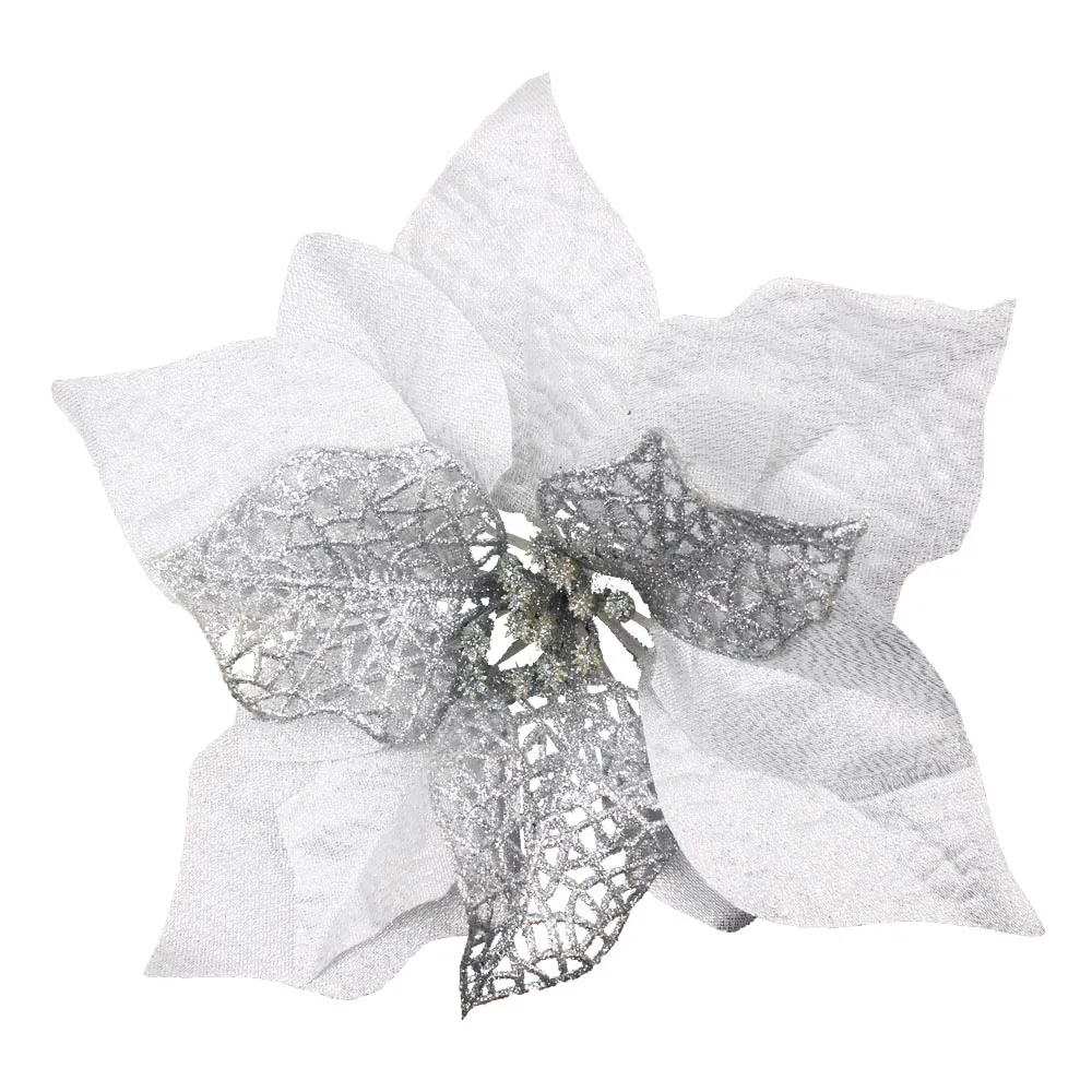 Silver(20cm) 12pcs/lot Artificial Christmas Flowers Plastic&Cloth Glitter Hollow Flower For Christmas Tree Decoration DIY Xmas New Year Decor - Цвет: Silver(20cm)