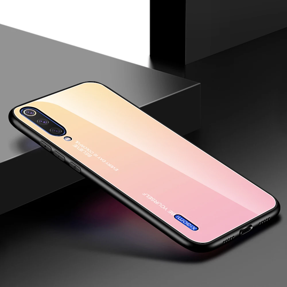 Pink Yellow Чехол из закаленного стекла для Xiaomi Mi A3 Lite 9T RedMi 7A Note 7 8 K20 Pro цветной градиентный глянцевый чехол для Xiaomi RedMi Note 8 - Цвет: Pink Yellow