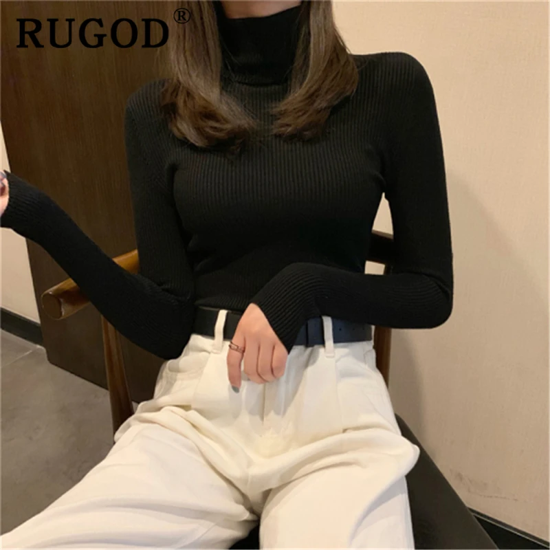 RUGOD Casual Solid Basic Knitted Blouse Women Elegant Turtleneck Long Sleeve Tunic Auturm Bottoming Pullover Tops 2019 new | Женская