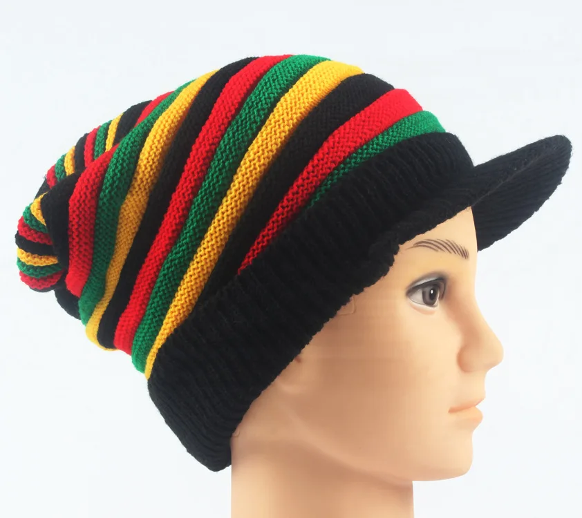 Зимняя Мужская и Женская Полосатая красная желтая зеленая Bob Marley Reggae модная новая шерстяная Радужная вязаная шапка ямайская облегающая шапка