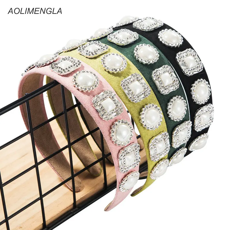 

Новые модные с большими жемчужинами и повязка на голову для женщин для девочек Роскошные Стразы повязка на голову и широкими однотонными ко...