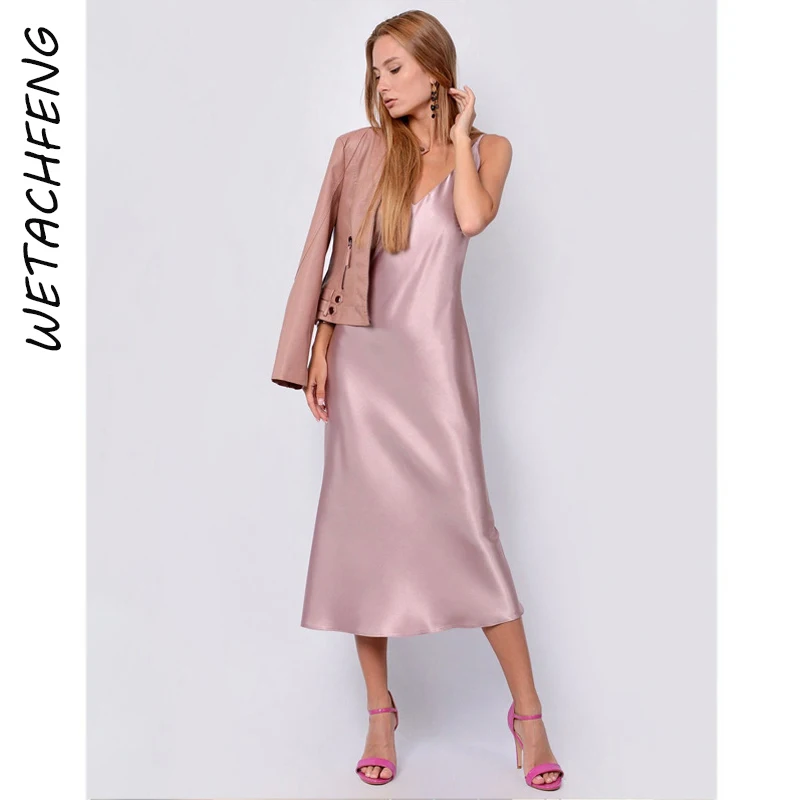 

Шелковое атласное пижамное платье с глубоким V-образным вырезом, без рукавов, сексуальная майка средней длины, розовые женские платья для кл...