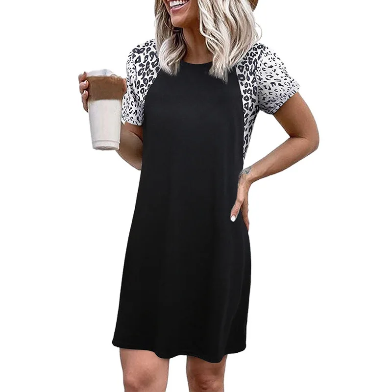 

Leopard Splicing Short Sleeved Dress Summer Women's Clothing New Straight One Step Dress Loose Waist Skirt Daily Casual Wear