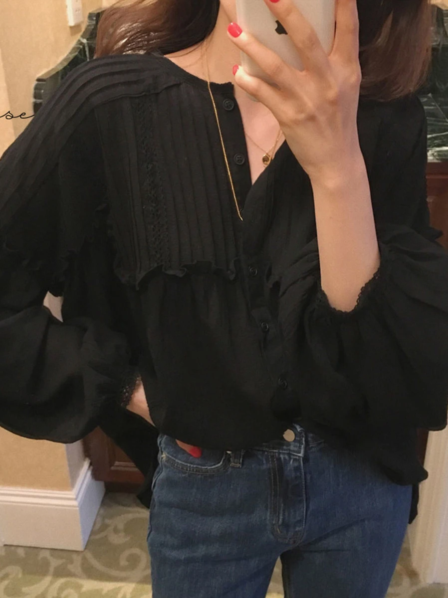 

Summer Office Lady Chic Korean Style Women Blouses Casual Loose Sweet Sunscreen Elegant Female Simple Tops Lantern Sleeve