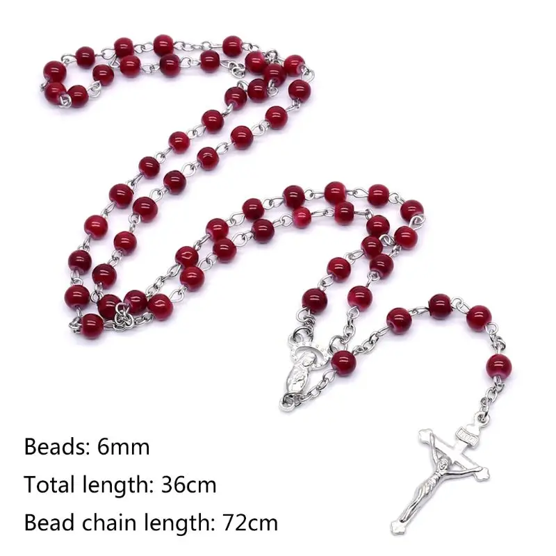 

6mm Rosary Glass Beads Jesus Cross Pendant Necklace Charm Chain Jewelry Christ