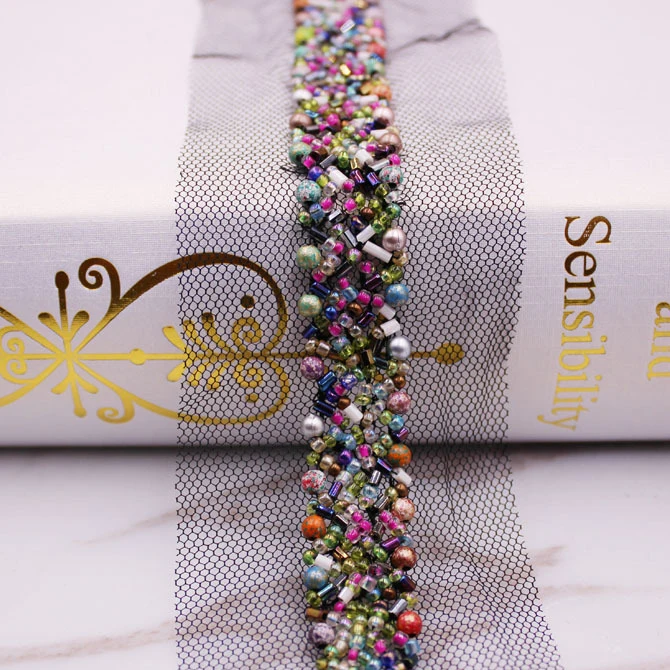 10 ярдов ручной работы белый черный серый бисер кружевной отделкой лента-сетка