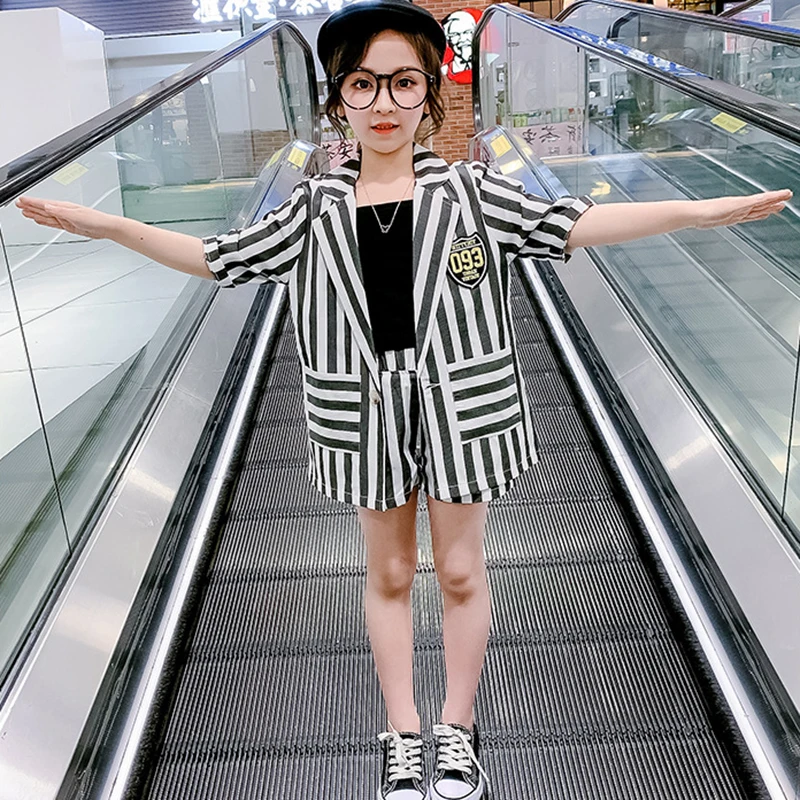 

Fashion Summer Girls Three-piece Suits Black Vest Striped Coat Shorts Children Clothing Set Toddler Teens Kids Clothes for Girl