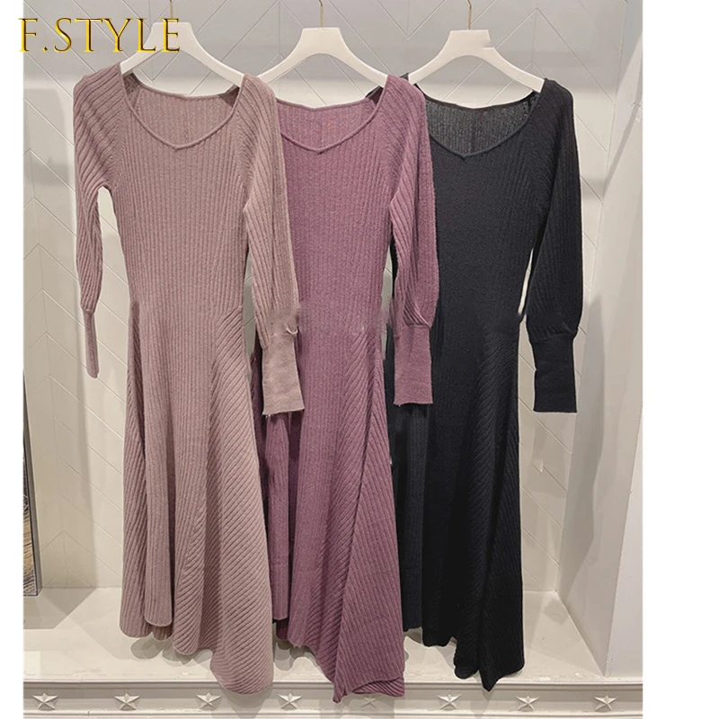 

Japanese Sweet Vestidos 2021 Autumn Winter New Women Robes Simple Solid Round Neck Irregular Hem Slim Knitted Dresses