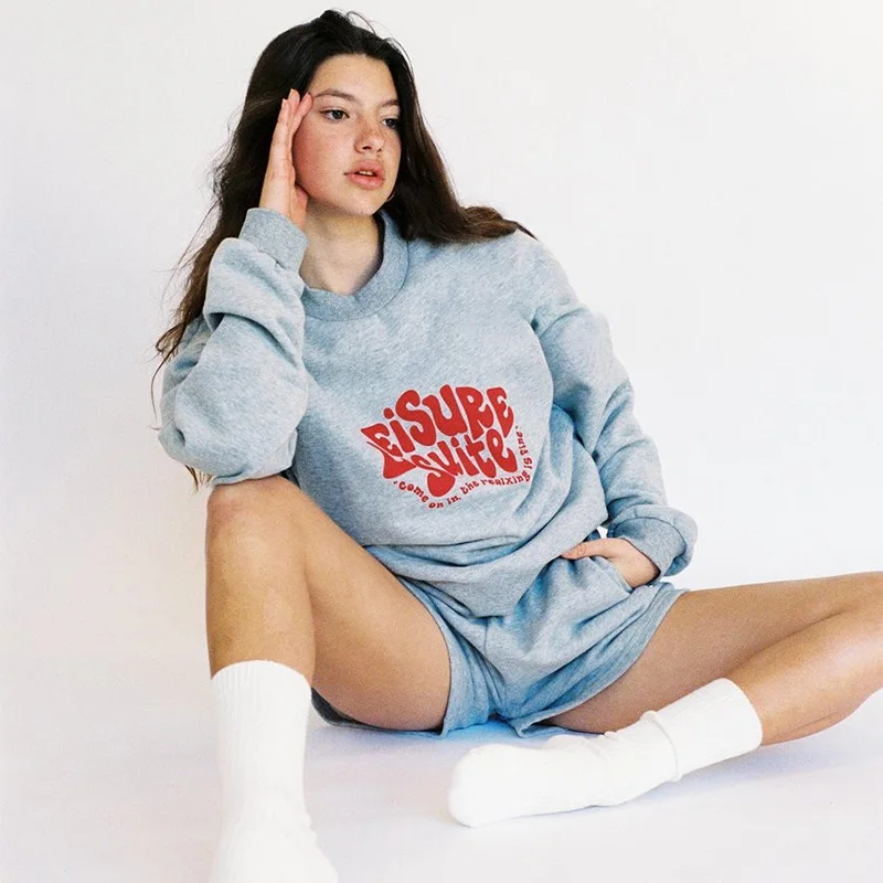 

Two Piexes Sets Women Casual Letter Print Pullover Top With Shorts Fashion Shorts Sets Cotton Loose Spring2021 Apricot