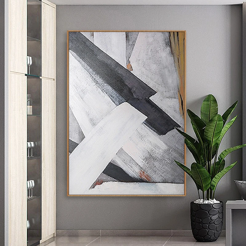 

Pure Black And White hand-painted Oil Painting Abstract Modern Hong Kong-style Entrance Hallway Living Room Backdrop Paintings D