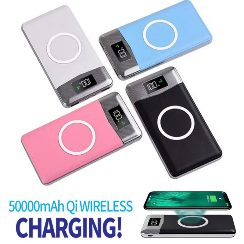 50000mAh беспроводной банк питания Qi беспроводной зарядки 2 USB lcd светодиодный переносное Беспроводное зарядное устройство