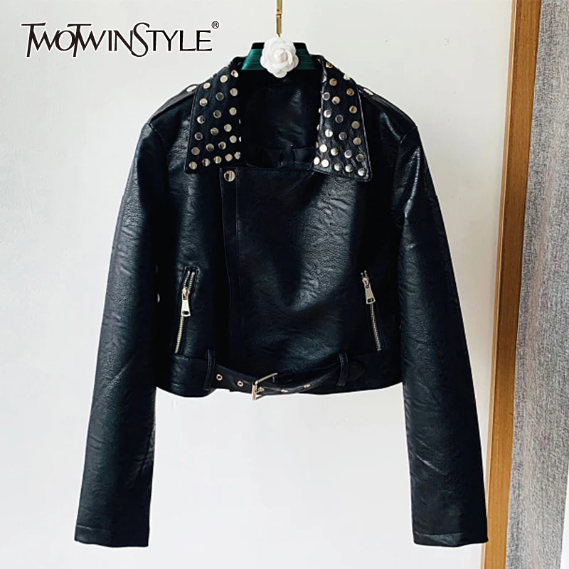 

TWOTWINSTYLE Casual Loose Solid Lace Up Irregular Jacket Lapel Long Sleeve Zipper Korean Fashion Coat For Women Autumn Style New
