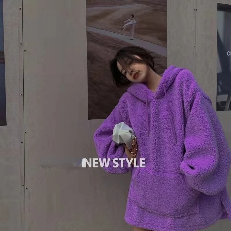Sweater Women's Fashion Winter Lamb Wool Coat Female Students Loose and Versatile Lazy Wind Solid Color Coat Female Hoodie