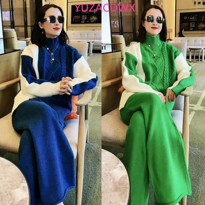 YUZACDWX 2022 Autumn Fashion Suit Female High Collar Contrast Cashmere Sweater Wide Leg Pants Knitted Two-piece Suit Winter