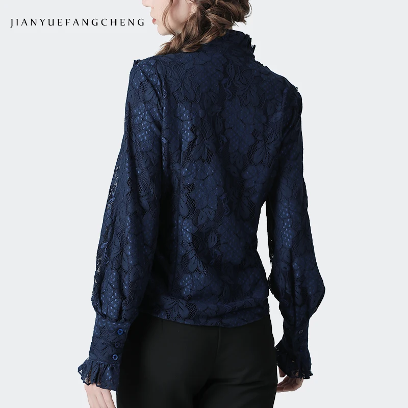 Модная женская кружевная рубашка с оборками и цветочной вышивкой однотонный топ