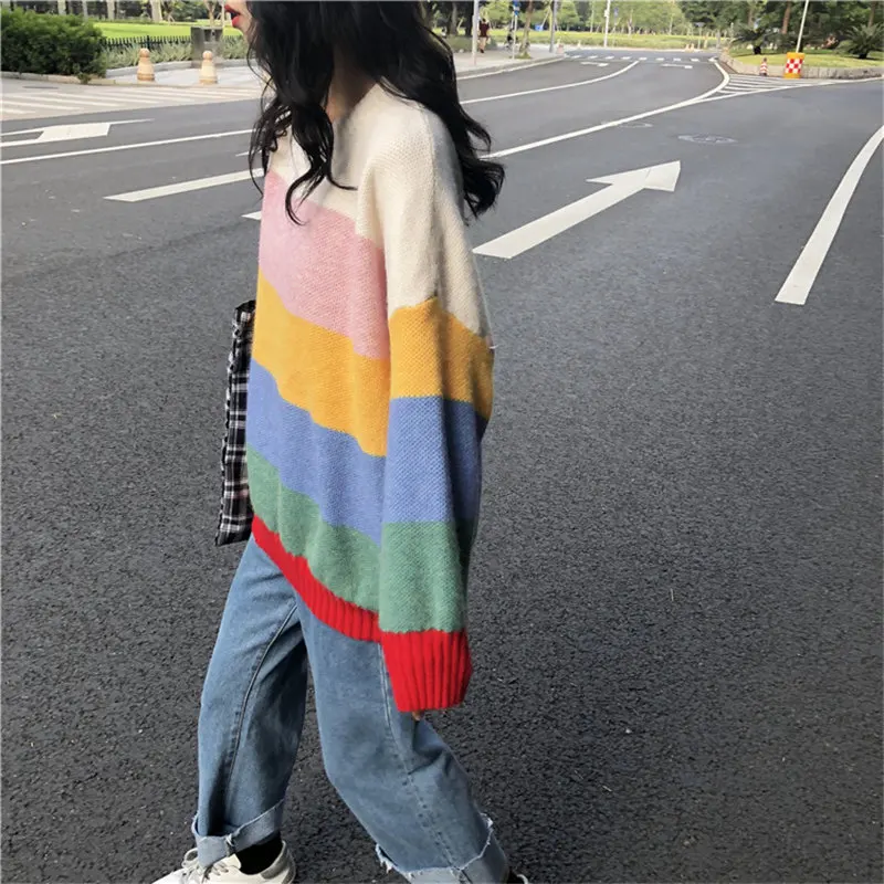 Woherb, Осенний Радужный женский свитер Harajuku, джемпер в полоску, пуловеры больших размеров, свитера в Корейском стиле, винтажная вязаная одежда 20585