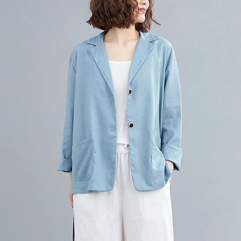 

Cotton Linen Coats 2021 Autumn OL Suit Blazers Casual Solid Lapel Thin Blazer Women Long Sleeve Female Jackets Outwear