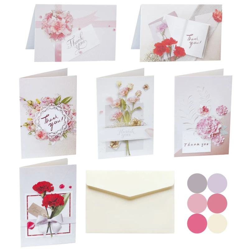 

6sets Flower Thank you Cards Wedding Invitation Greeting Cards with Envelope Stickers Creative Stationery Blank Message Card