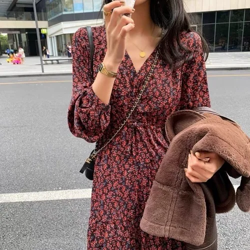 Корейское длинное женское платье с длинным рукавом и v образным вырезом