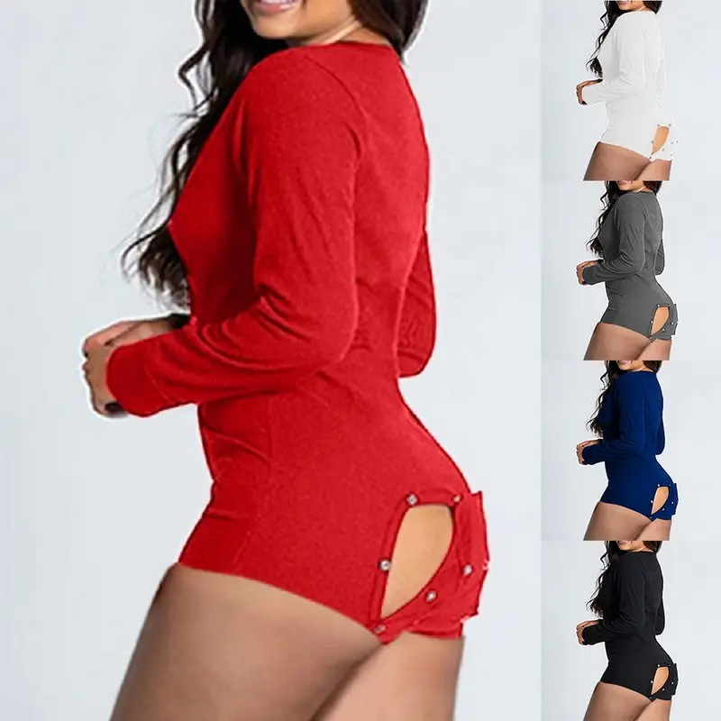 

New Open Butt Bodysuit Jumpsuit Set Women Button-down Print Functional Buttoned Flap Adults Jumpsuit Sleepwear