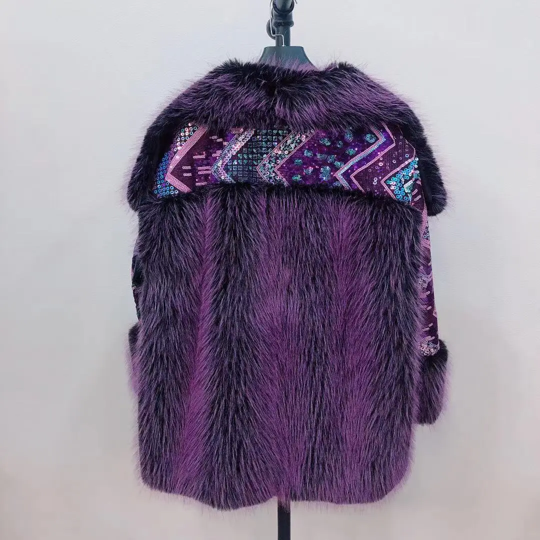 High Quality Tuscan Fur Coat Women's Large Lapel Embroidered Sequins Purple Lamb Wool Jacket Plush Furry Coats Winter Clothing