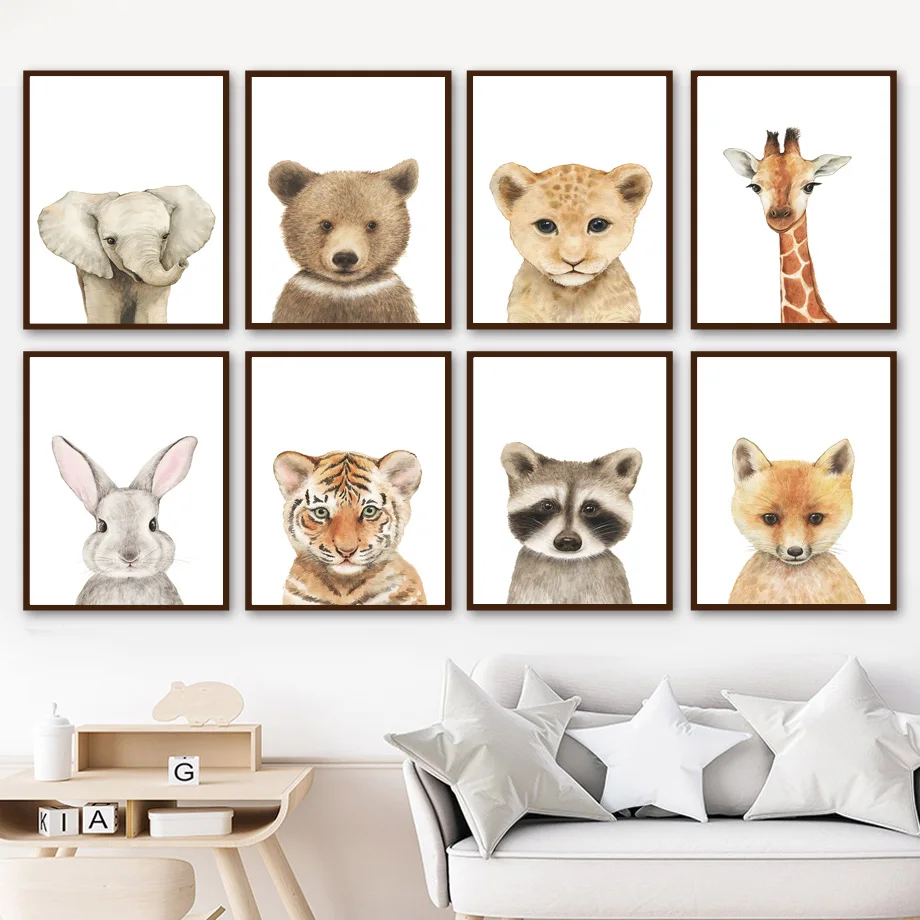 Милый слон жираф кролик лиса Лев медведь Настенная картина Картина на холсте