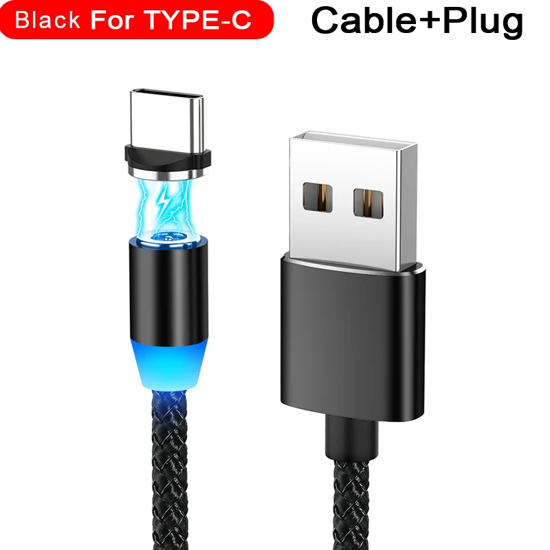 Магнитный usb-кабель для быстрой зарядки 2,1 А, Тип C, микрокабель, светодиодный, с нейлоновой оплеткой, type-C, магнитное зарядное устройство для iPhone XS X 7, samsung, 1 м, 2 м - Цвет: Black for Type-c