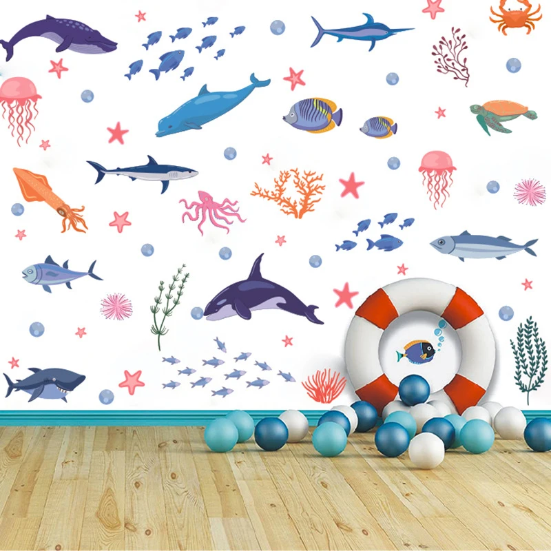 

Горячие моря мир пилинг и палка наклейки на стену рыбы и морские растения ПВХ наклейки мультфильм дома окна стены искусства для детской ванной комнаты