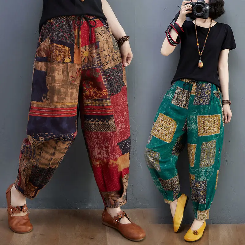 

Retro ethnic style printed cotton and hemp Harem Pants for women in 2021