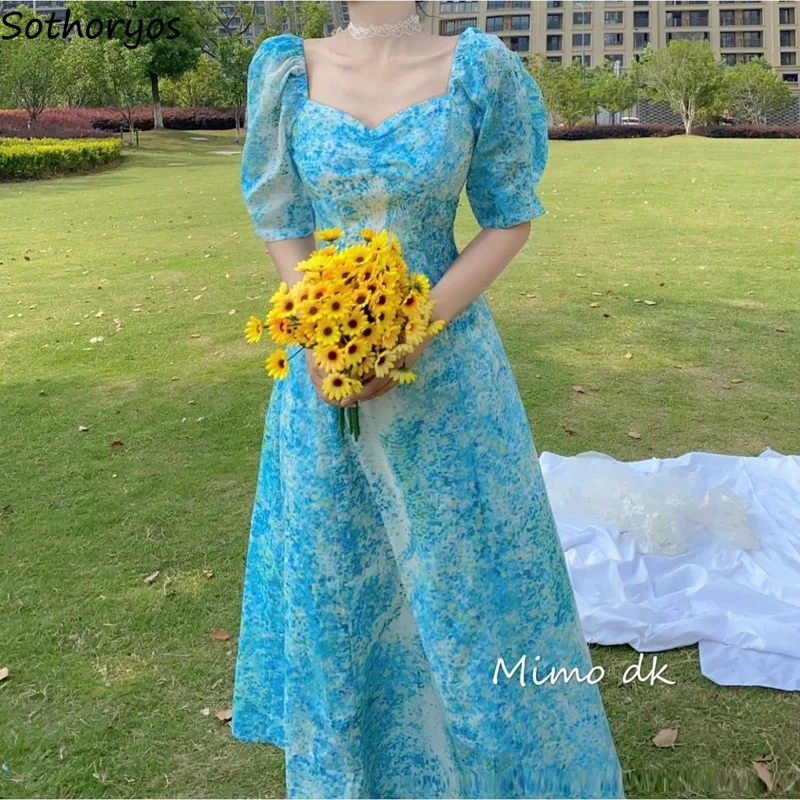 

Short Puff Sleeve Dress Women Retro Defined Waist Elegant Gentle Dresses Womens A-line Fashion Designer Ins Streetwear Chic New