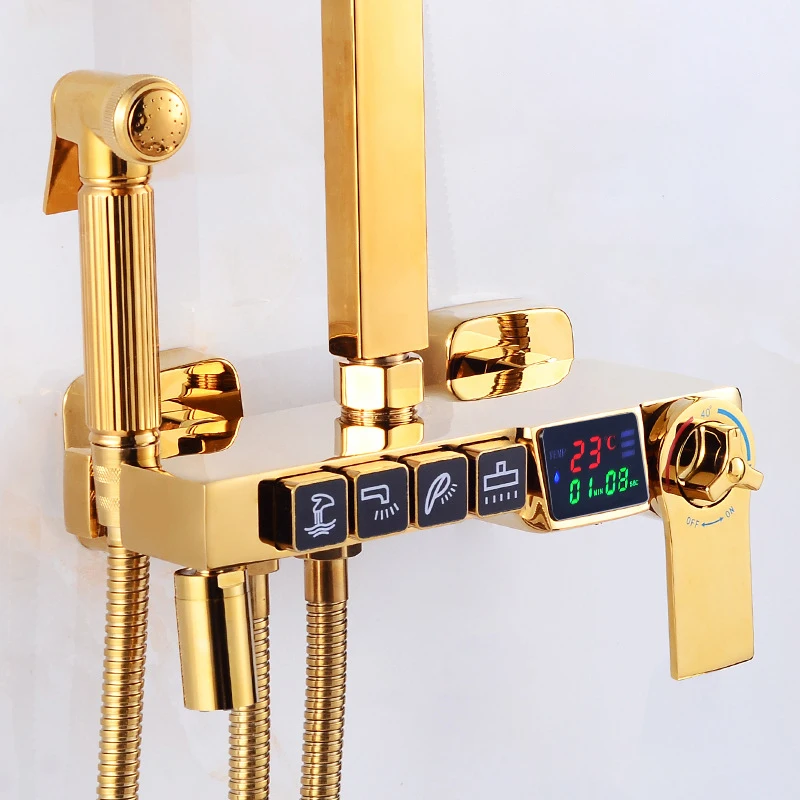 Золотистый цифровой смеситель для душа кран горячей и холодной воды