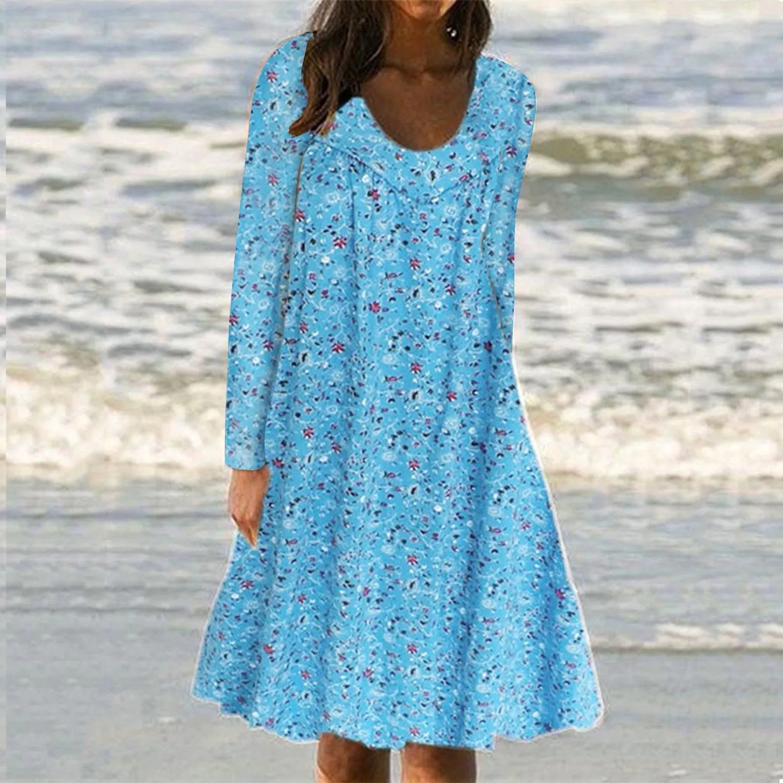 

Women's Autumn Boho Style Midi Dress O-Neck Long Sleeve Casual Dress Elegant Floral Print Beach Dress Holiday vestido