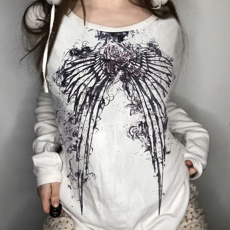 

WeiYao Goth Print White Grunge Graphic T Shirts Women O Neck Long Sleeve Autumn Tops Casual Loose Preppy Style E Girl Tees