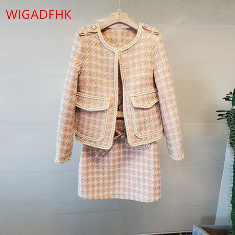 High Quality Autumn And Winter Tweed Two-piece Suit Fashion Woolen Tweed Jacket + Elegant A-line Skirt Suit Two-piece Female
