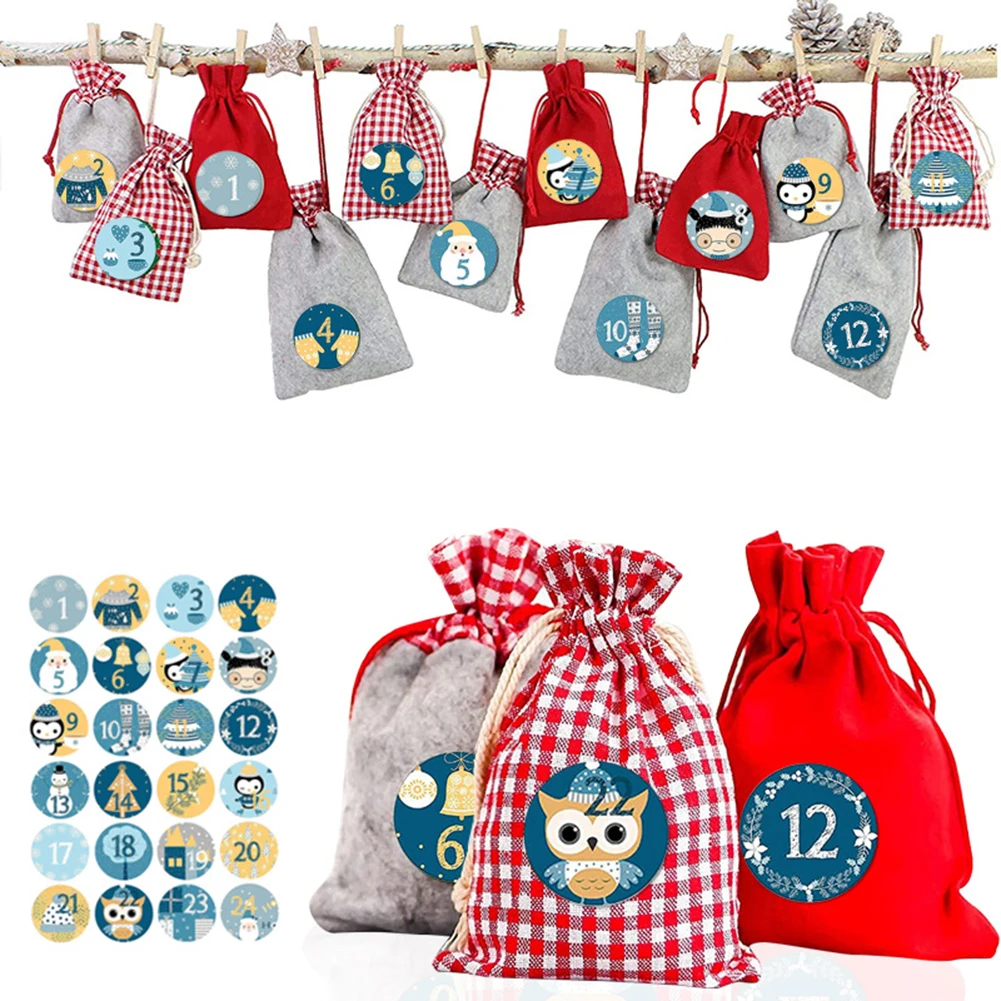

24pcs Christmas Advent Calendar Bags 24 Days Paper Stickers Gift Hanging Bags DIY Christmas New Year Party Countdown Decor