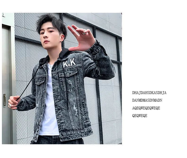 

Thickness Men's Denim Jacket Hooded Detachable Ripped Decoration Single Breasted Pocket Spring Autumn Male Washable Coat