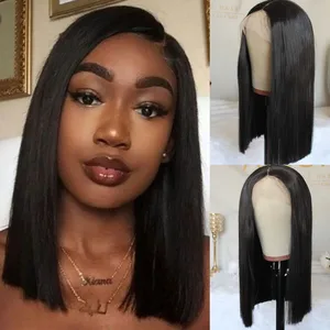 Straight Bob Lace Front Wigs 14" Natural Black Short Bob Wig Glueless Middle Part for Black Women Synthetic Lace Wigs