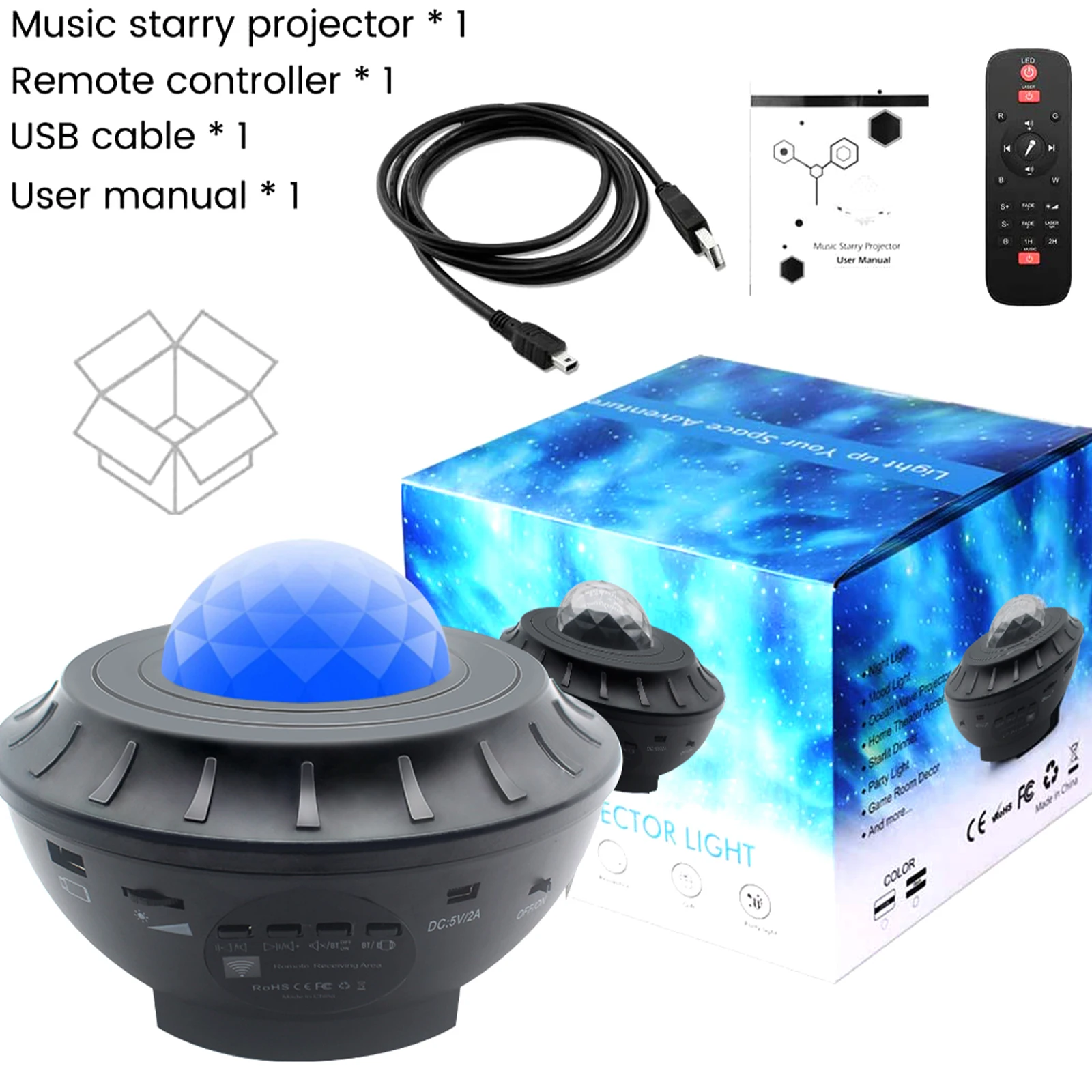 

USB LED Star Night Light Music Starry Water Wave LED Projector Light Bluetooth Projector Sound-Activated Projector Light Decor