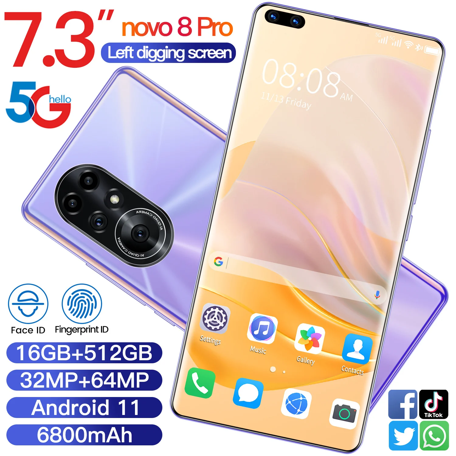 

Global Version Novo 8 Pro 16GB 512GB 32MP 64MP Smartphone Android 11 6800MAH 7.3 Inch Snapdragon 888 Face Unlocked Mobile Phone