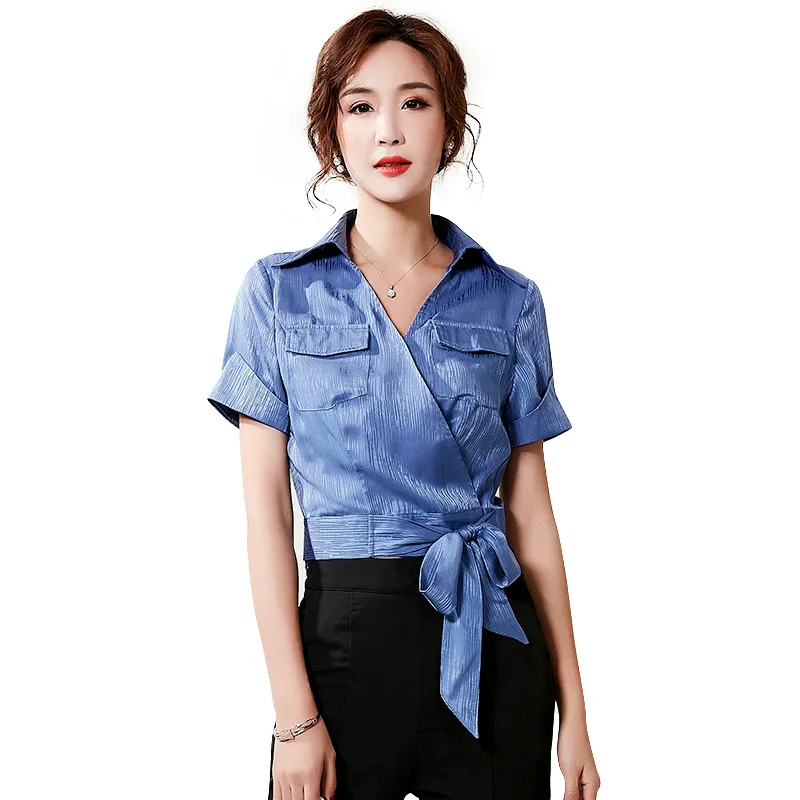 

Womens Tops and Blouses Summer New Korean Temperament Womens Clothing Lapel Commuting Elegant Strap Short Sleeve Shirt