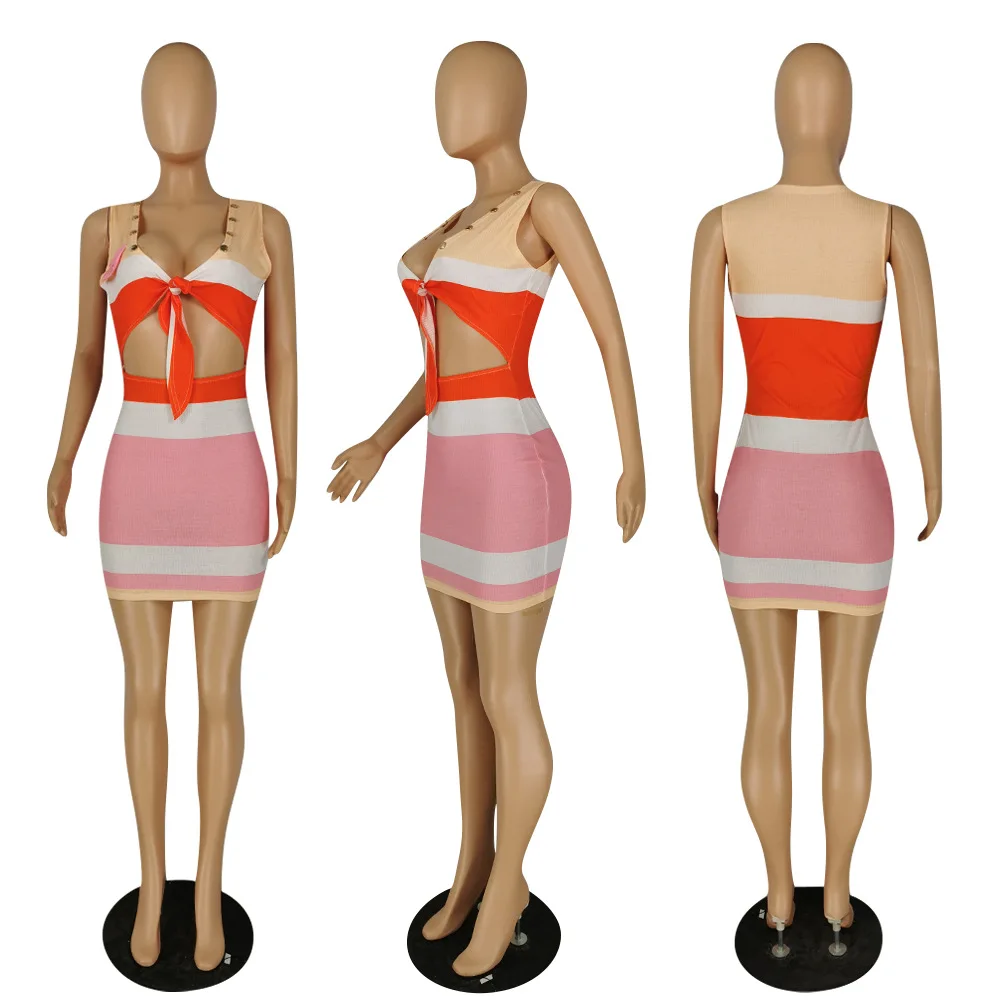 

Summer 2021 New Women Sexy Hollow Out V-neck High Elastic Sleeveless Striped Pencil Bodycon Dress