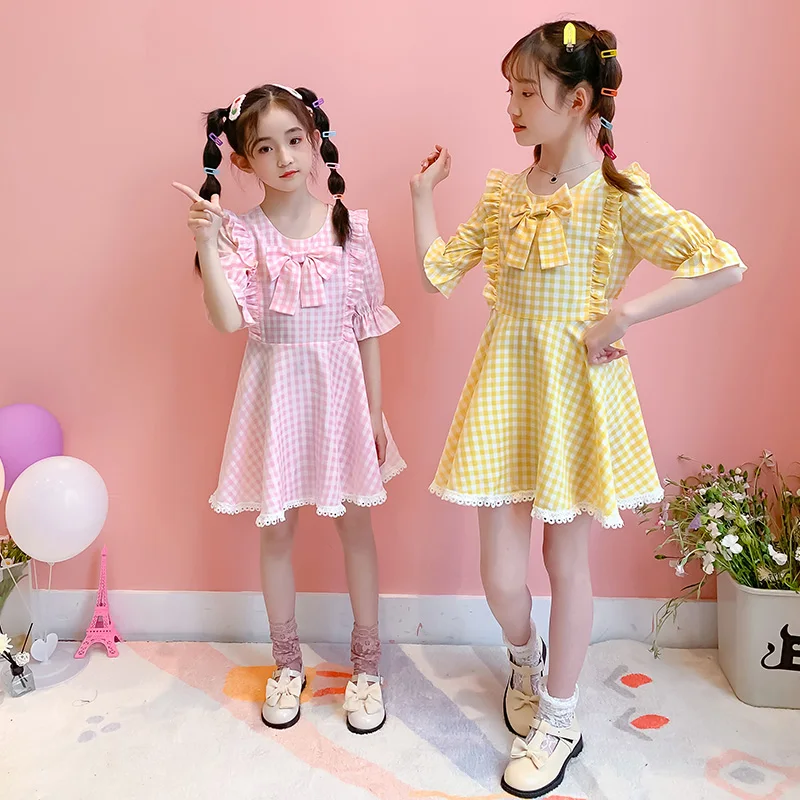 

2021 New Spring Summer Dress Girl Dress Princess Dress Two Colors Plaid Dress for Girls 4-15 Years