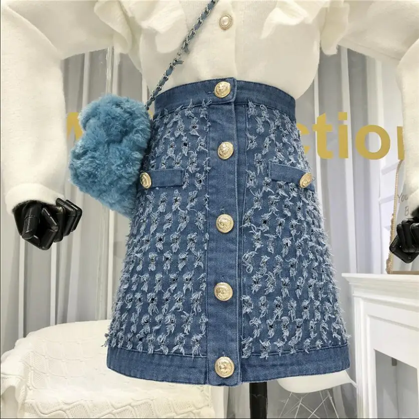 New Spring Vintage Tattered Fringe Denim Skirt Women's Korean High Waist A-line Short Jeans | Женская одежда