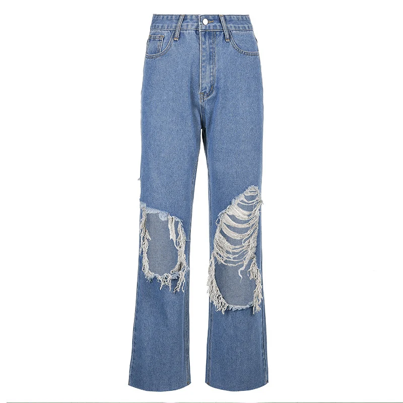 

Summer Autumn Fashion Streetwear Ripped Holes Cool High Waist Blue Woman Casual Denim Pants Lady Straight Jeans Cargo Jeans