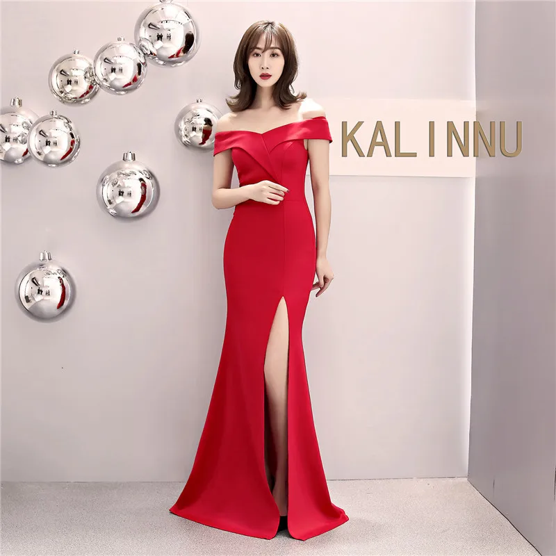 Red Skyyue Evening Dress Off The Shoulder Women Party Dresses Short Sleeve Robe De Soiree Sexy V-neck Split Formal Gowns C087 - Цвет: Red