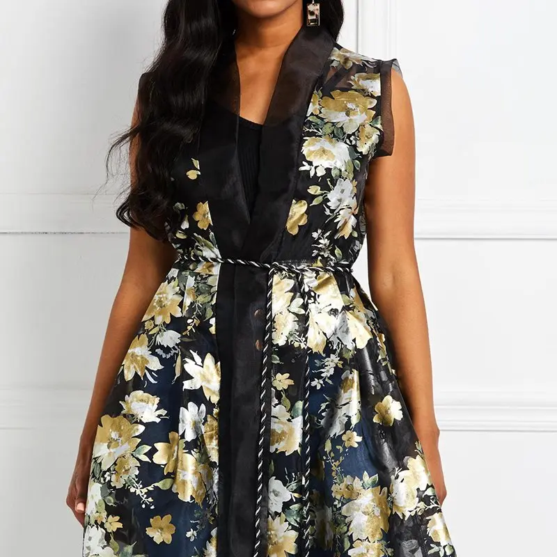 Женское винтажное платье с цветочным принтом черное без рукавов Длинный жилет
