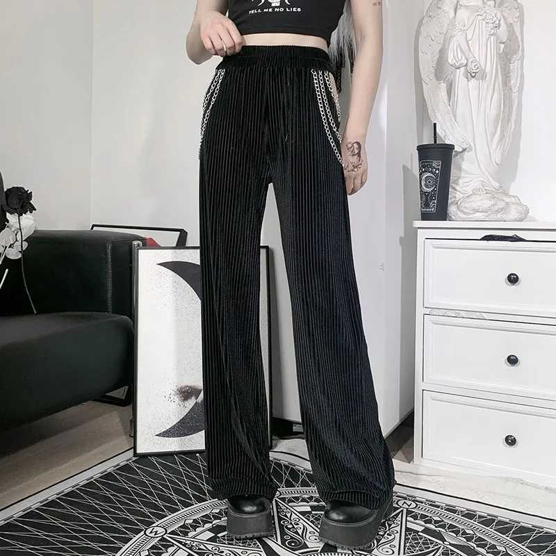 

Lady Cool Hollow Out Metal Chains Straight Gothic Long Trouser Black Punk Women High Waist Wide Leg Pants 2021 Streetwear