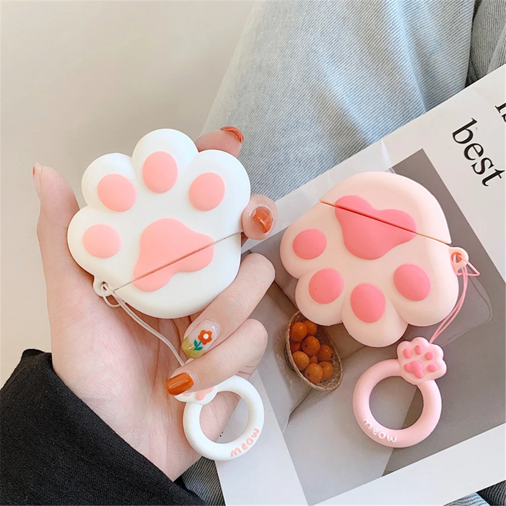 

1pc Cute Anti Lost With Strap Protective Cat Paw Cartoon Silicone Case Cover For Apple AirPods 1/2 Cute Cartoon Case