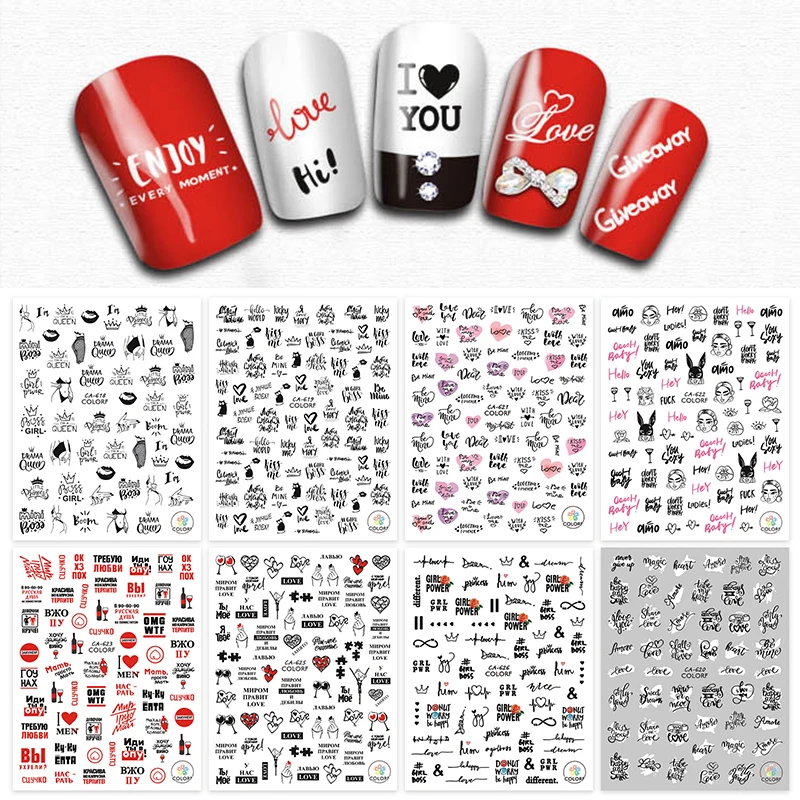 Алфавит стикеры 3D на ногти Nail Art английские смешанные узоры красочные переводные
