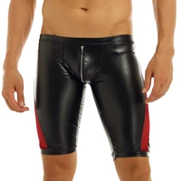 sexy pants men faux leather zipper crotch mesh see through splice low waist slim fit tight boxer shorts sport bottoms clubwear